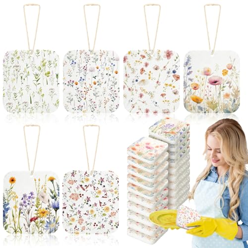 Hahafelt 36 Counts Compressed Cellulose Sponges Bulk Cute Wildflower Pop up Sponges Natural Compostable Non Scratch Dish Kitchen Gifts for Washing Dishes, Travel Cleaning Countertop Sink - style: Wildflower