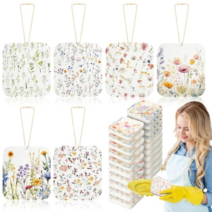 Hahafelt 36 Counts Compressed Cellulose Sponges Bulk Cute Wildflower Pop up Sponges Natural Compostable Non Scratch Dish Kitchen Gifts for Washing Dishes, Travel Cleaning Countertop Sink - style: Wildflower