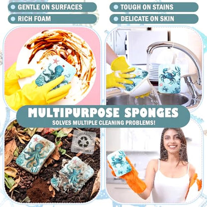 Hahafelt 36 Counts Compressed Cellulose Sponges Bulk Craft Pop up Ocean Pattern Natural Kitchen Compostable Non Scratch Dish Sponges for Washing Dishes, Cleaning Countertop Sink - style: Ocean