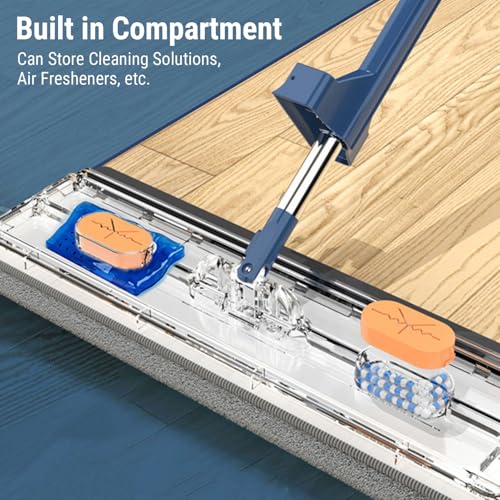 TARSHYRY Flat Mop with Scraper, 360 Degree Rotation Mop with Built in Scraper and Toothed Comb, Lightweight Floor with 6 Reusable Microfiber Pads, 54 Inch Adjustable (Dark Blue+6 Microfiber Reusable