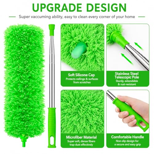 Duster for Cleaning High Ceiling Fan (Green), AzunMicrofiber Feather Duster with 30" to 100" TelescopingExtension Pole, Long Extendable Duster for Home CarFurniture Cobweb - color: Green