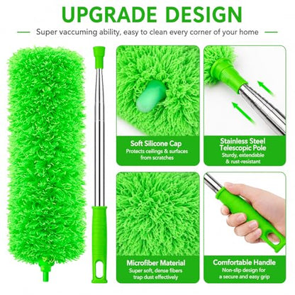 Duster for Cleaning High Ceiling Fan (Green), AzunMicrofiber Feather Duster with 30" to 100" TelescopingExtension Pole, Long Extendable Duster for Home CarFurniture Cobweb - color: Green