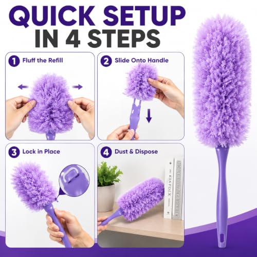 Duster Refills Compatible with Swiffer, 20 Count with 2 Handles, Heavy Duty 360° 4X Microfiber Stay‑On Pads, Unscented Disposable Duster for Pet Hair, Blinds, Ceiling Fans, Home Cleaning