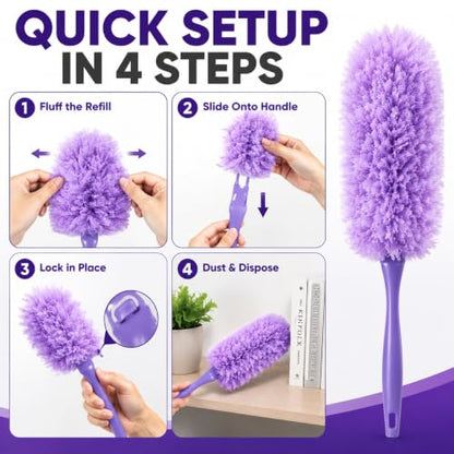 Duster Refills Compatible with Swiffer, 20 Count with 2 Handles, Heavy Duty 360° 4X Microfiber Stay‑On Pads, Unscented Disposable Duster for Pet Hair, Blinds, Ceiling Fans, Home Cleaning