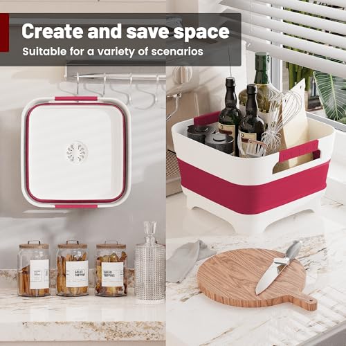 2.4 Gal Collapsbile Wash Basin with Drian Plug,9L Dish Pan for Soaking Baby Bottles,Portable Sink, Multiuse Foldable Bucket,Ice Beverage Tubs for Camping, Vegetable Washing, RV (Viva Magenta) - color: Viva Magenta