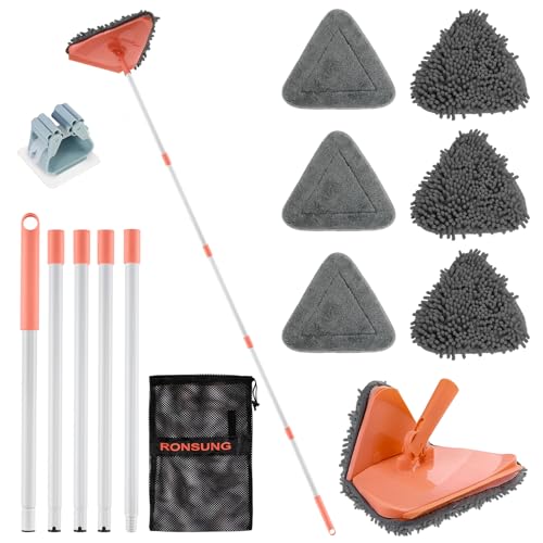 Wall Cleaner Triangle Mop with 82'' Long Handle - Wall Scrubber, Cleaning Washer Tool with 4 Microfiber Chenille Duster Pads for Clean Walls, Ceiling, Windows, Baseboards, Floors (Orange, 6 Pads) - color: Orange, size: 6 Pads