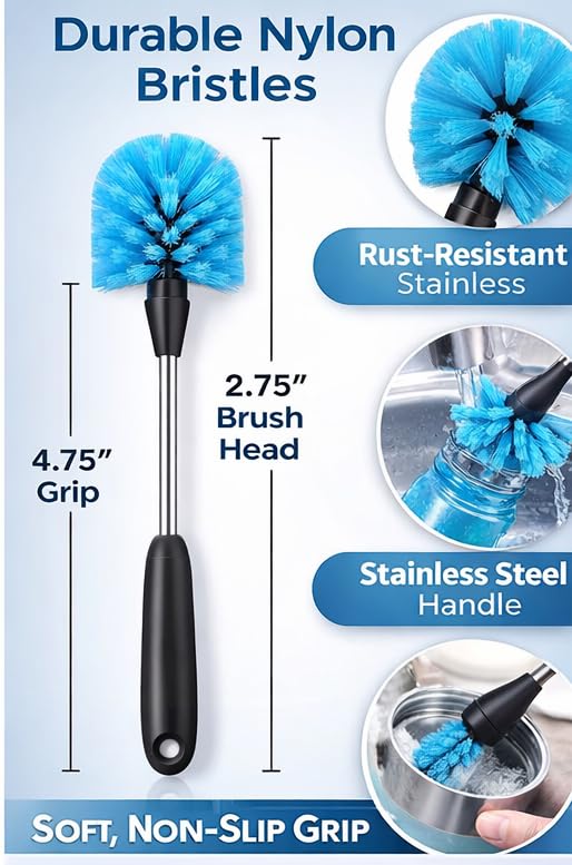 SEQ Bottle Brush Set 2 Pack – Long Handle Water Bottle Cleaning Brush with Stainless Steel Handle & Small Detail Brush, Nylon Bristles for Narrow Neck Bottles, Sports Bottles, Tumblers & Baby Bottles