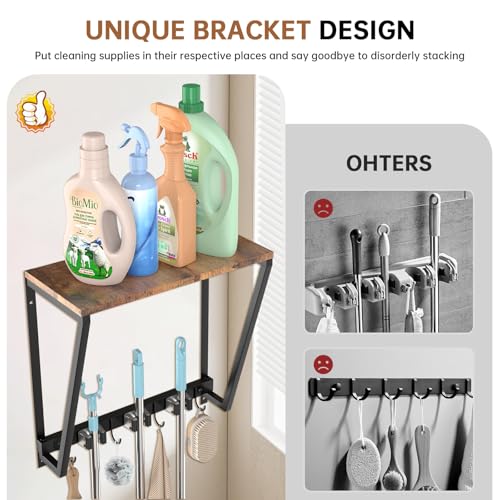 Broom Holder Wall Mount, Heavy Duty Broom & Mop Organizer Wall Hanging for Laundry Room Organization, Garage Storage & Home Improvement, Multi-Layer Iron & Wood Shelving with Hooks