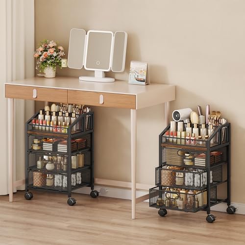 HapiRm Rolling Makeup Organizer Cart- Under Desk Vanity Storage with 3 Drawers, Floor Nail Cart Skincare Organizers Cosmetics Display Cases for Nail Polish Perfume Makeup Brush Hair Tool, Black - color: Black, size: 3 Drawers
