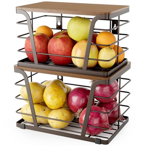 TIDIIABODE Extra Large 2 Pack Potato and Onion Storage Bins,Stackable Storage Pantry Organizers, Kitchen Storage Bins for Potato and Onion, Wall Mount Trash Bag Holder with Bamboo Top, Brown - color: 2-Pack-XL&L-Brown