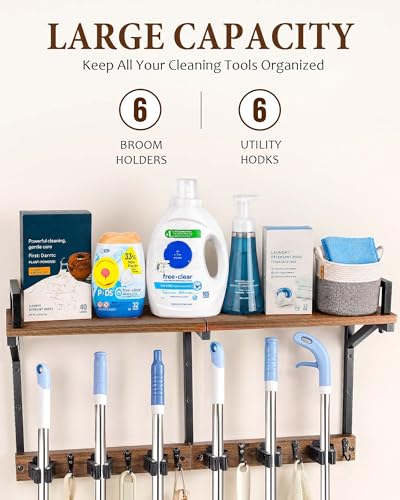 Lorbro Broom Holder Wall Mount with Cleaning Supplies Storage, Heavy Duty Broom and Mop Organizer Wall Hanging, Wooden Mop Organizer Hanger, 3 in 1 Storage Shelves for Laundry Room, Garage, Closet - size: Large