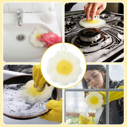 6 Piecs Fun Daisy Shape Dish Sponge Gifts Dual Sided Non Scratch Daisy Dish Washing Scrubbers, Reusable Household Cleaning Kitchen Tools for Dishwashing Washing Dishes Cookware Spring Kitchen Decor - style: Daisy