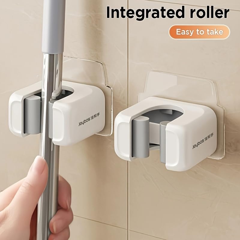 2 Pack Wall Mounted Mop Broom Holder No Drill Adhesive Wall Storage Rack Multifunctional Tool Organizer for Bathroom Kitchen Garage Spring Home Organization Supplies