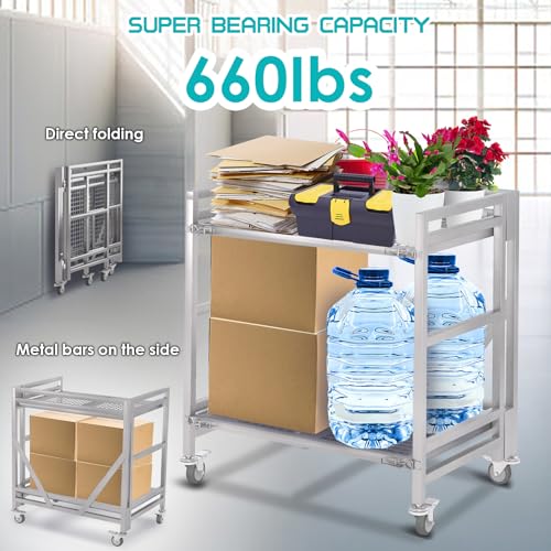 2 Shelf Rolling Cart with Wheels, 660lbs Capacity Collapsible Steel Rolling Utility Cart, Heavy-Duty Foldable Hand Truck, Metal Storage Carts with Handle for Groceries, Warehouse (36" Lx26 W) - color: Net 660lbs Capacity
