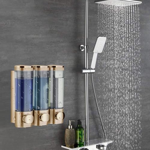 Shower Soap Dispenser Wall Mounted Shampoo and Conditioner Dispenser No Drill 3 Chamber Large Capacity for Bathroom Hotel, Gold - color: Gold