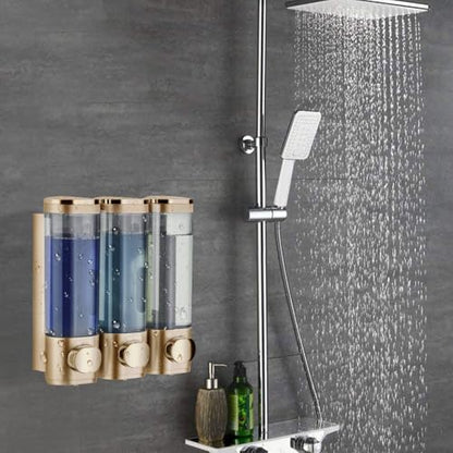 Shower Soap Dispenser Wall Mounted Shampoo and Conditioner Dispenser No Drill 3 Chamber Large Capacity for Bathroom Hotel, Gold - color: Gold