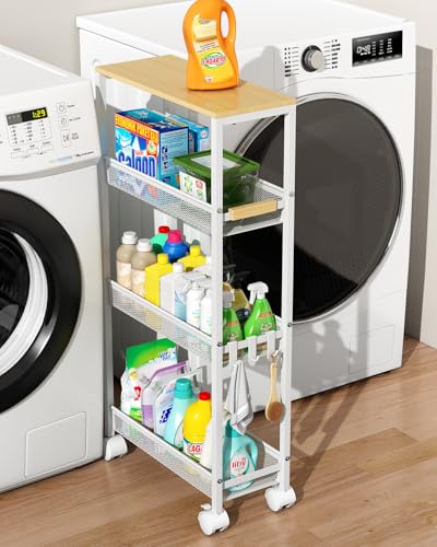 TIPGO Utility Slim Storage Cart, 4 Tier Rolling Cart with Wheels, Narrow Storage Cabinet for Bathroom, Laundry Shelves for Room Organization, Small Organizer for Kitchen, Office and Dorm (White) - color: White, size: 7.2''