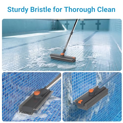 Pool Scrub Brush with 52" Pole, 3 in 1 Pool Cleaning Brush with Squeegee, Floor Scrub Brush with Long Handle, Deck Brush for Swimming Pool Tile Wall Patio Concrete Gray - color: Gray
