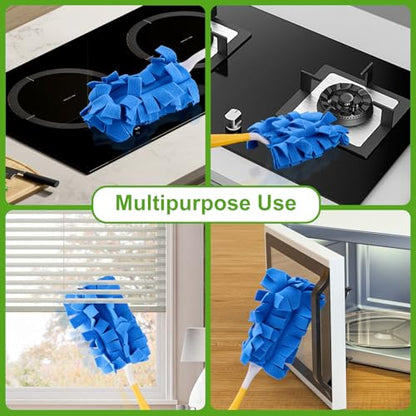 12PCS Fleece Reusable Duster Refills with 4 Handles, Washable Cleaning Pads in 6 Colors, 360° Dust Cleaning Brush for Home, Blinds, Car, Furniture, Fans, Wet & Dry Use