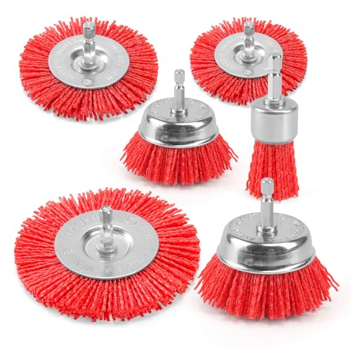 POLIWELL Nylon Abrasive Brush for Drill, 6 Pack Nylon Filament Wire Wheel & Cup Brush Set, 1/4 Inch Hex Shank, 3” and 2.6” Red Coarse Abrasive Bristle Drill Brushes for Paint, Corrosion, Rust Removal