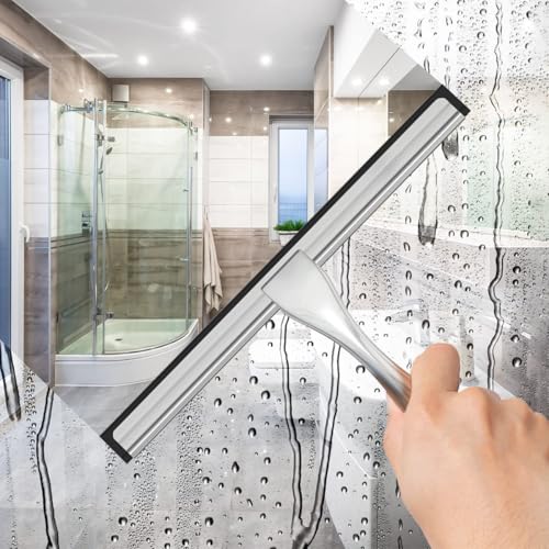 Stainless Steel Shower Squeegee for Shower Glass Door with Adhesive Hooks, Bathroom Cleaner Tool Household Window Mirror Squeegee, Cleaning Tile Wall, Car, 10 Inch Silver