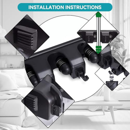 Broom Holder Wall Mount, 2 Packs Heavy Duty Cleaning Supplies Organizer, Garden Tool & Utility Closet with Hook, Mop & Broom Hook Wall Mounted for Bathroom, Garage, Kitchen, Laundry (Black-2pcs)