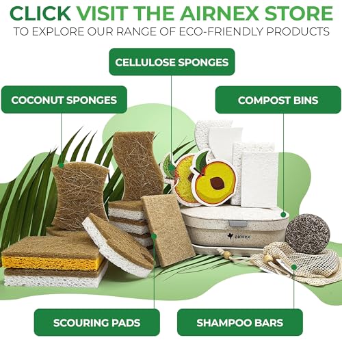 AIRNEX Natural Kitchen Sponges (12 Pack) - Biodegradable Cellulose & Coconut Scrubber Dish Sponges for Kitchen - Eco-Friendly, Non Scratch, Compostable, Non Toxic S-Shaped Natural Sponges for Dishes - size: 12