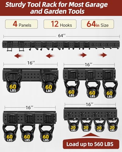 64-Inch Garage Storage Tool Organizer Wall Mount, Heavy Duty Garage Organization Metal Rack with 12 Hooks, Garden Tool Hanger Holder for Broom, Shovels, Ladders, Lawn Tools - size: 64" 4 Panels & 12 Hooks