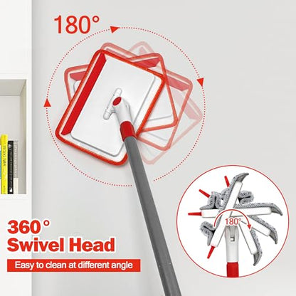 JEHONN Baseboard Cleaner Tool with Handle, 56 inches Base Boards Cleaning Mop Scrubber, 1 Stiff Bristles Brush, 2 Chenille and 2 Microfiber Pads, Wall Duster for Floorboard Ceiling Window Tile - color: Red