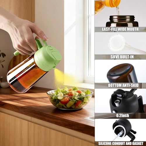 OURCABECUE 2 in 1 Olive Oil Sprayer for Cooking, 16oz Olive Oil Dispenser Bottle for Kitchen, Light-Blocking Dark Glass Oil Bottle, Food-Grade Oil Mister with 8 Oil Stickers (Brown Bottle-Green Cap) - color: Dark Brown and green