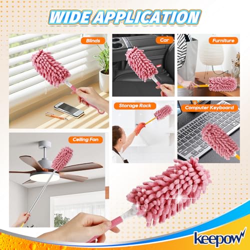 KEEPOW 6 Pack Pink Duster Refills Compatible with Swiffer Duster Handle, Reusable Microfiber Pads Compatible with Swiffer Heavy Duty Dusters, 360 Dusting for Cleaning Window(Handle is Not Included) - color: Pink-6 Pack