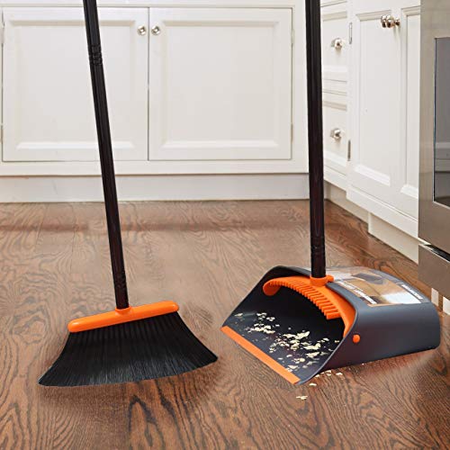 TreeLen Broom and Dustpan Set with 52" Long Handle for Home Kitchen Room Office Lobby Floor Use Upright Stand Up Stand Up Broom with Dustpan Combo - color: A Orange Broom and Dustpan