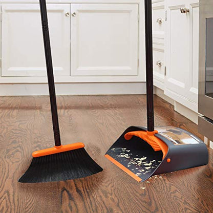 TreeLen Broom and Dustpan Set with 52" Long Handle for Home Kitchen Room Office Lobby Floor Use Upright Stand Up Stand Up Broom with Dustpan Combo - color: A Orange Broom and Dustpan
