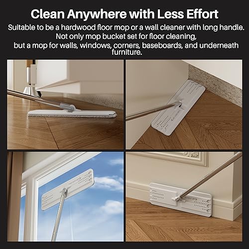 JOYMOOP Mop and Bucket Set, Commercial & Household Use, Flat Mops for Floor Cleaning, Wall Mop Cleaner with Long Handle, Hardwood Floor Mop with 6 Microfiber Pads - color: White Standard2461