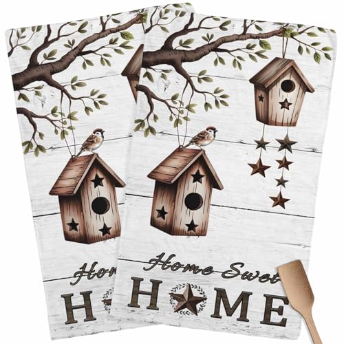 Bird Houses Kitchen Towels Set of 2 Sparrows Home Sweet Branch Star White Wood Grain Decorative Dish Towels Ultra Soft Microfiber Absorbent Reusable Dishcloths for Kitchen Drying, 18x28 Inch - size: 28" x 18" (Pack of 2)