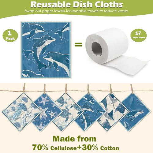 6 Packs Swedish Paper Cloths for Kitchen, Reusable Paper Towels Washable Dish Rags, Highly Absorbent Kitchen Towels Quick Drying Swedish Sponge Cleaning Dish Cloths(Deep Blue Sea Creatures) - color: Deep Blue Sea Creatures