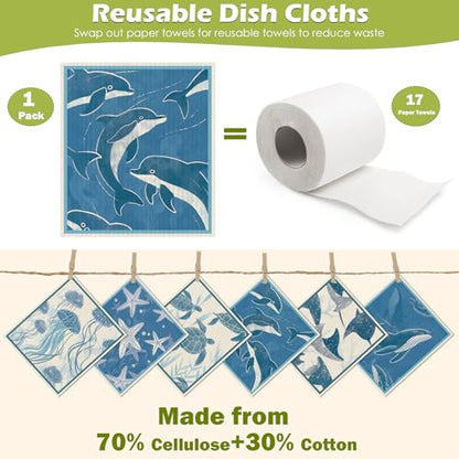 6 Packs Swedish Paper Cloths for Kitchen, Reusable Paper Towels Washable Dish Rags, Highly Absorbent Kitchen Towels Quick Drying Swedish Sponge Cleaning Dish Cloths(Deep Blue Sea Creatures) - color: Deep Blue Sea Creatures