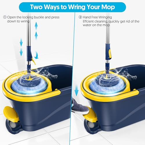 Spin Mop and Bucket with Wringer Set, 360° Rotating Microfiber Mop, Adjustable Handle, Hands-Free Wringing, Reusable Mop Heads (Light Yellow mop and Bucket + 5 mop Head) - color: Light Yellow Mop and Bucket + 5 Mop Head
