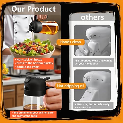 2 in 1 Oil Sprayer for Cooking, Oil Dispenser for Kitchen Gadgets, 16oz/470ml Premium Food-Grade Oil Bottle, for Salad, Air Fryer, BBQ (Transparent) - color: Transparent Glass/Black Cap