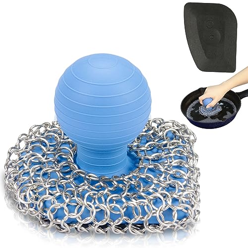 Cast Iron Scrubber with Pan Scraper, 316 Chainmail Scrubber, Upgraded Chain Mail Scrubber Sponge, Cast Iron Cleaner for Grill Pan Skillet Wok Carbon Steel, Dutch Oven Metal Brush Cleaning Kit, Blue - color: Blue