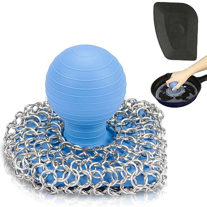Cast Iron Scrubber with Pan Scraper, 316 Chainmail Scrubber, Upgraded Chain Mail Scrubber Sponge, Cast Iron Cleaner for Grill Pan Skillet Wok Carbon Steel, Dutch Oven Metal Brush Cleaning Kit, Blue - color: Blue