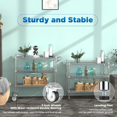 Leteuke 3 Tier Rolling Carts with Wheels, Heavy Duty Rolling Utility Cart,NSF Commercial Grade Metal Cart with Handle&Shelf Liner,Trolley Serving Cart for Kitchen,Restaurant,Plant Display,Chrome - color: Matte Chrome