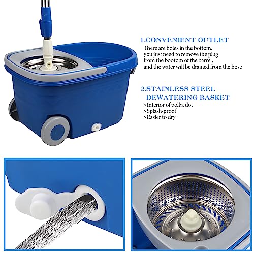 Mop and Bucket with Wringer Set 25QT，Stainless Steel Deluxe 360 Spinning Mop Bucket Floor Cleaning System with 3 Microfiber Replacement Head Refills, 2X Wheel for Home Cleaning with Drain Plug