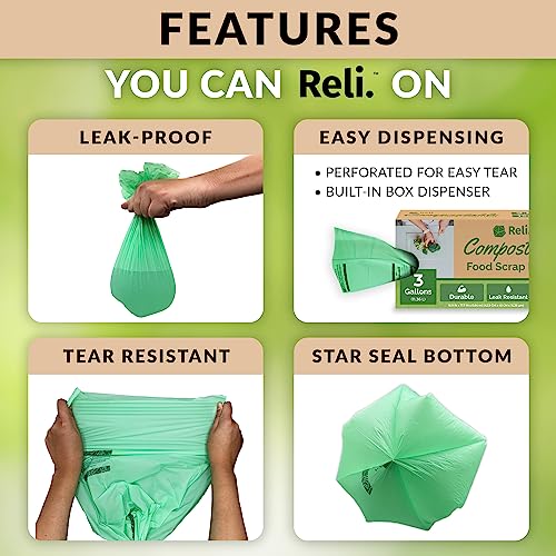 Reli. Compost Bags 3 Gallon (150 Count) | ASTM D6400 Certified | Eco-Friendly Compostable Trash Bags | Food Scrap Liners for Kitchen Bins | Plant-Based Green - size: 1 Count (Pack of 150)