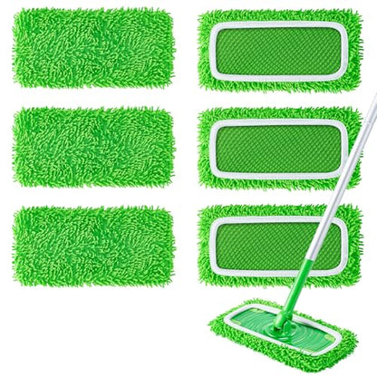 6Pcs Reusable Microfiber Mop Pads Compatible with Swiffer Sweeper Mop, Replacement Dry & Wet Mopping Cloths for Hardwood/Stone Floor Cleaning-Green