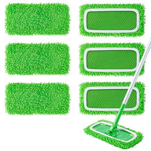 6Pcs Reusable Microfiber Mop Pads Compatible with Swiffer Sweeper Mop, Replacement Dry & Wet Mopping Cloths for Hardwood/Stone Floor Cleaning-Green