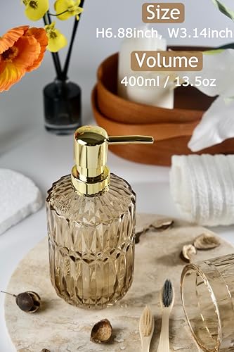 LaMarriti Brown Glass Soap Dispenser with Gold Rust Proof Pump, Refillable Thicken Glass Kitchen Soap Dispenser, Lotion Dispenser Bathroom for Dish Soap, Hands Soap, Body Wash, Bathroom Accessories - color: Brown