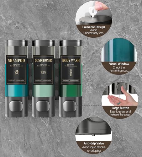 Luxspire Shampoo and Conditioner Dispenser, No Drill Wall Mounted Shower Soap Dispenser 3 Chamber with Waterproof Labels, Easy Refill Soap Dispenser for Bathroom Hotel Kitchen, Gray - color: Gray, size: 3 Chamber