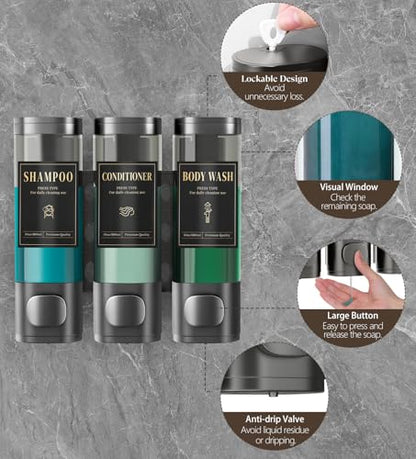 Luxspire Shampoo and Conditioner Dispenser, No Drill Wall Mounted Shower Soap Dispenser 3 Chamber with Waterproof Labels, Easy Refill Soap Dispenser for Bathroom Hotel Kitchen, Gray - color: Gray, size: 3 Chamber