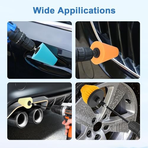 Linkstyle 5PCS Drill Polishing Cone Set, Car Wheel Polisher Sponge Pad Kit with Long Extension Pole & Cleaning Brush, Buffing Cone for 1/4" Hex Drill, Car Rim and Metal Surface Polishing Tool - style: Cone_5PCS